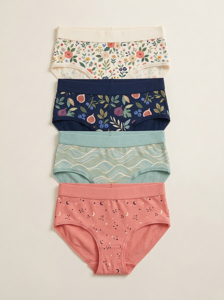 Women's Four-Pair Botanical Fig Wave Moon Brief Set