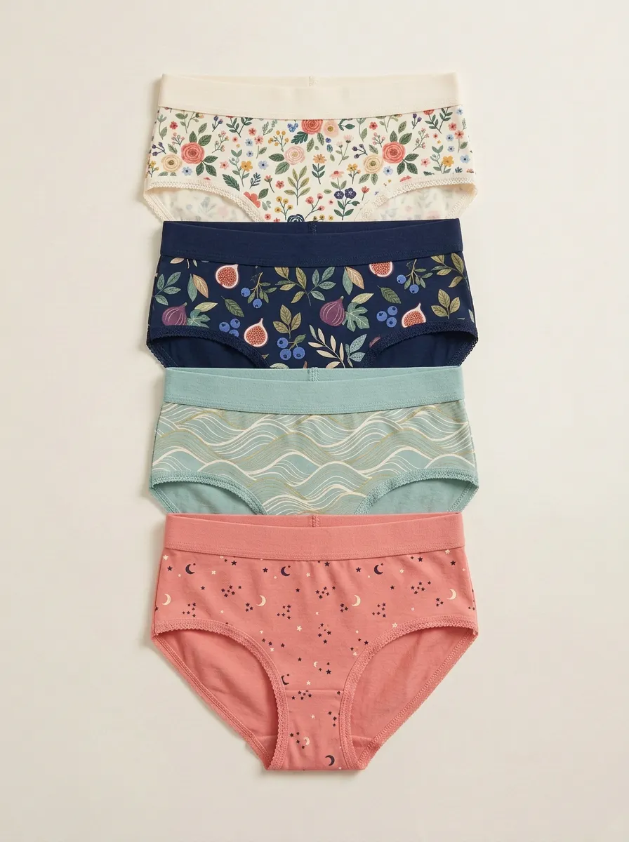Women's Four-Pair Botanical Fig Wave Moon Brief Set