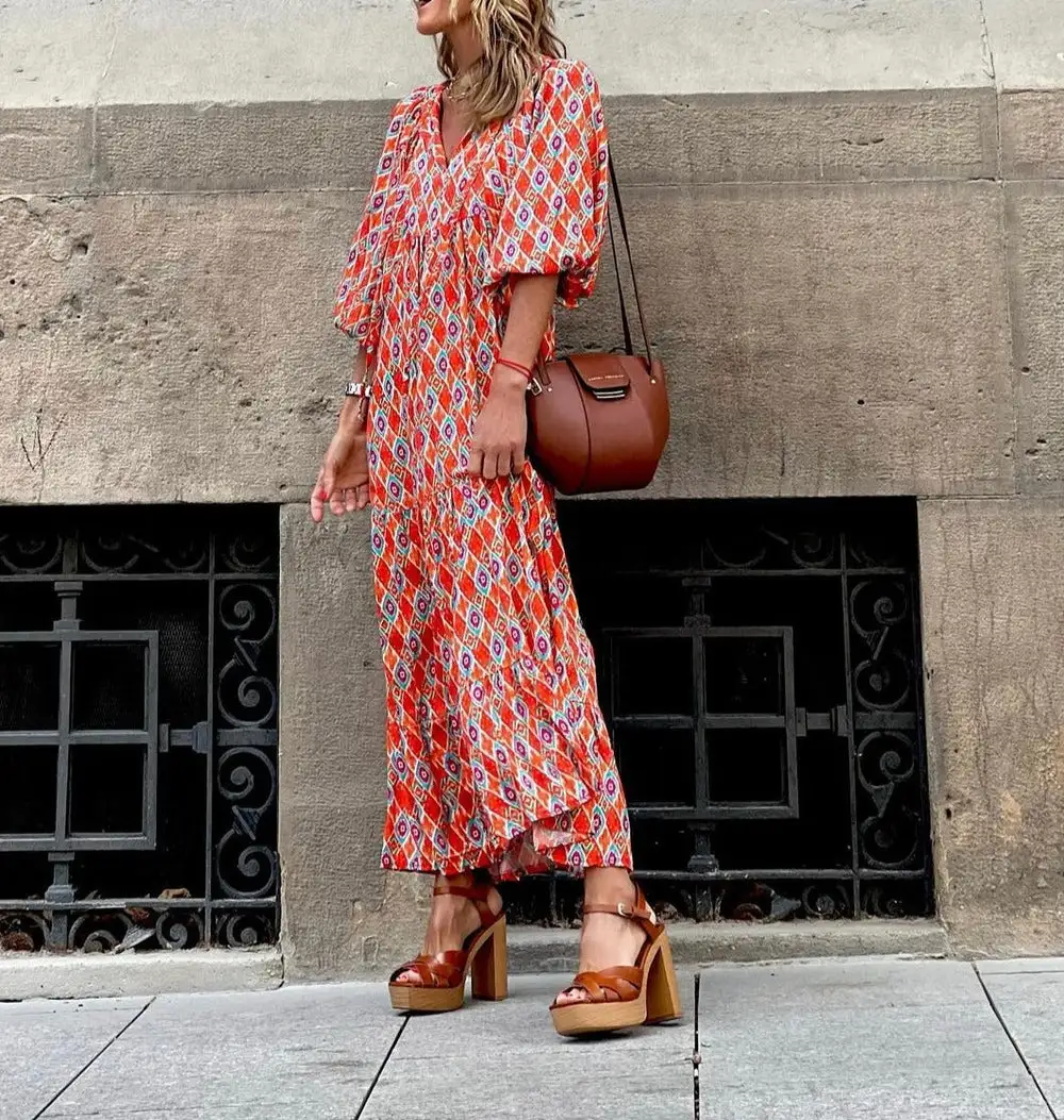 Elegant Short Sleeve Print Maxi Dress