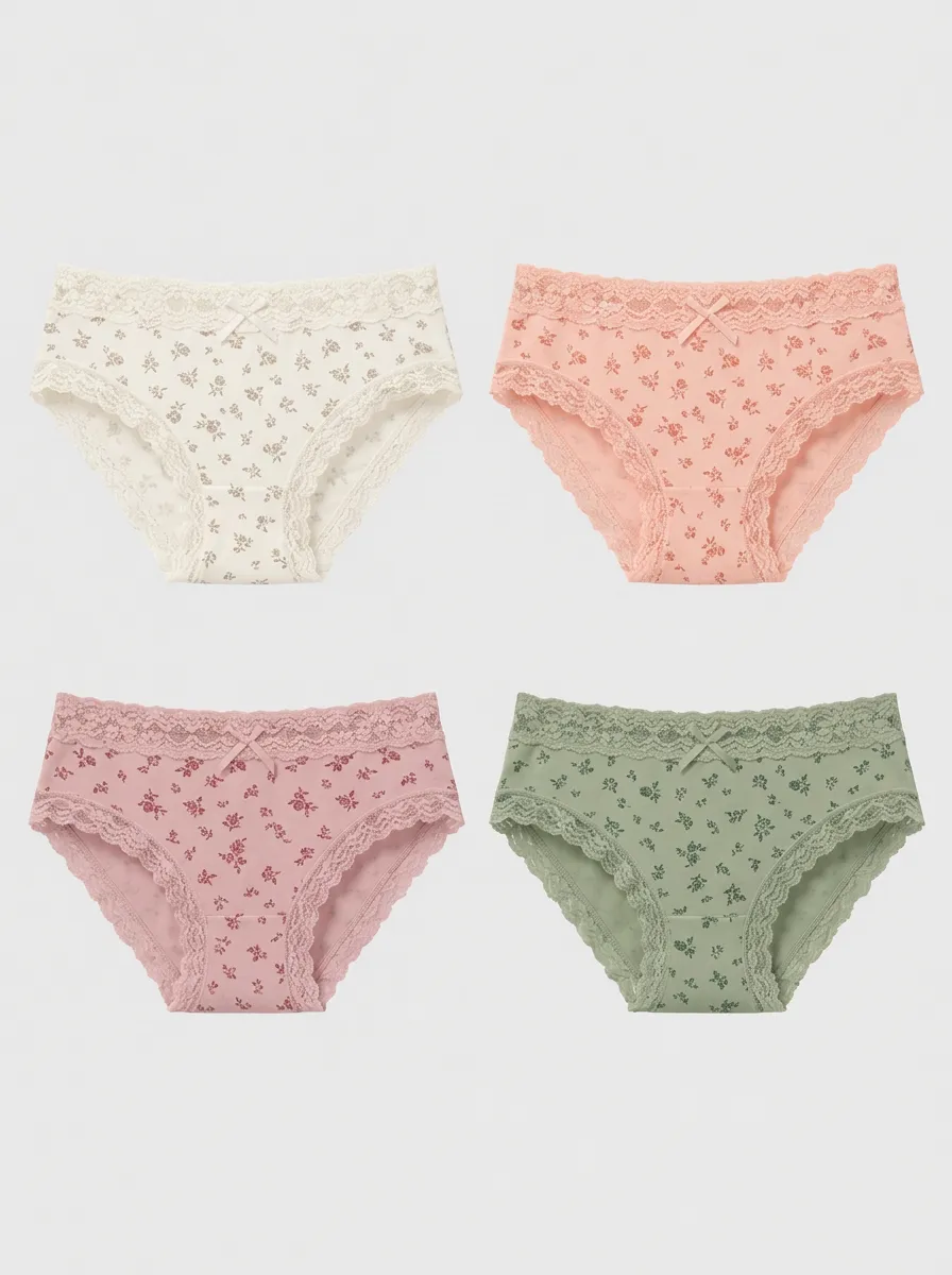 Women's Multicolor Floral Lace-Trim Bow Detail Briefs 4-Pack