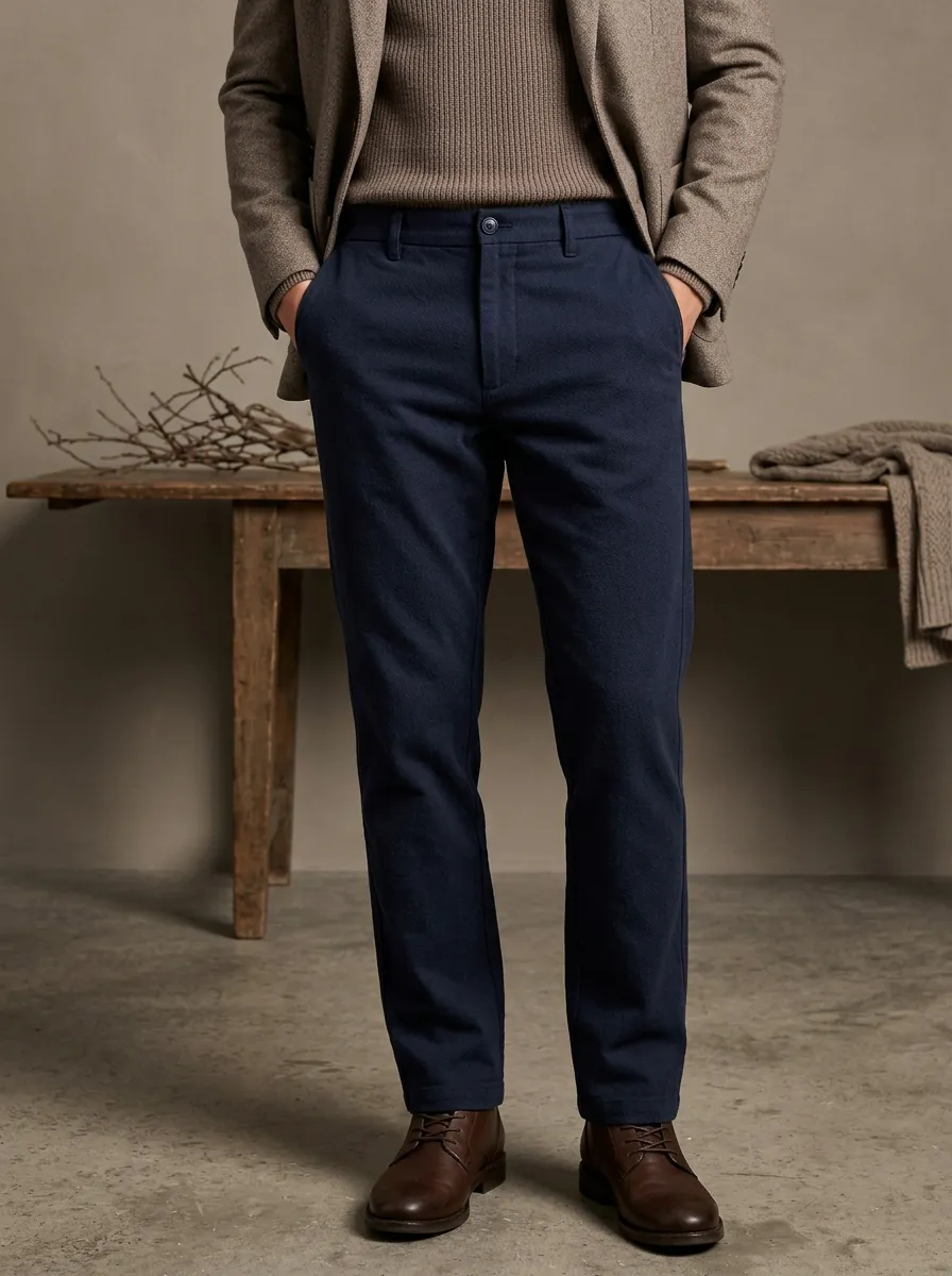 Men's Autumn Winter Wool Blend Slim Fit Button Front Pants