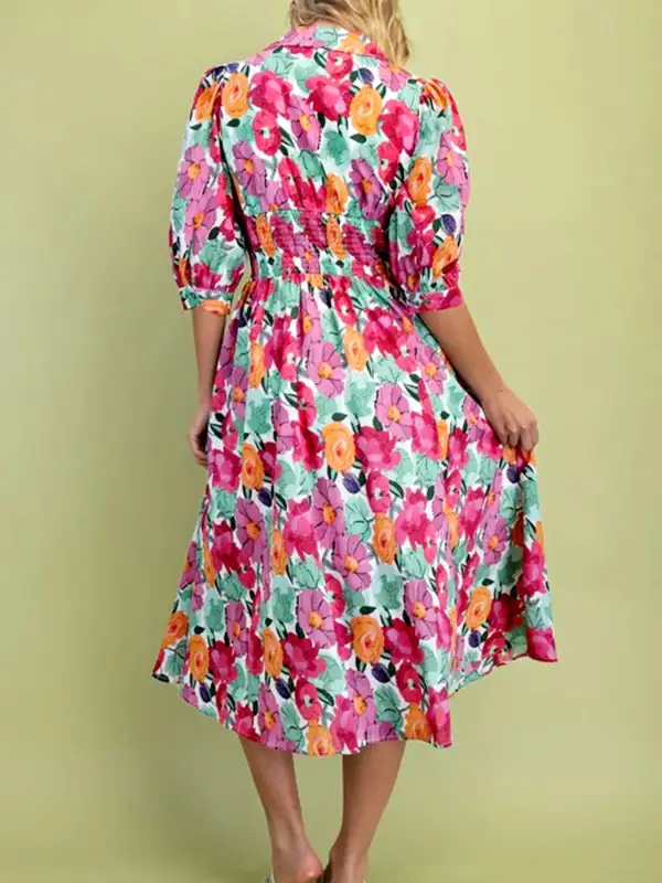 Polished Detail Floral Printed V Neck Dress