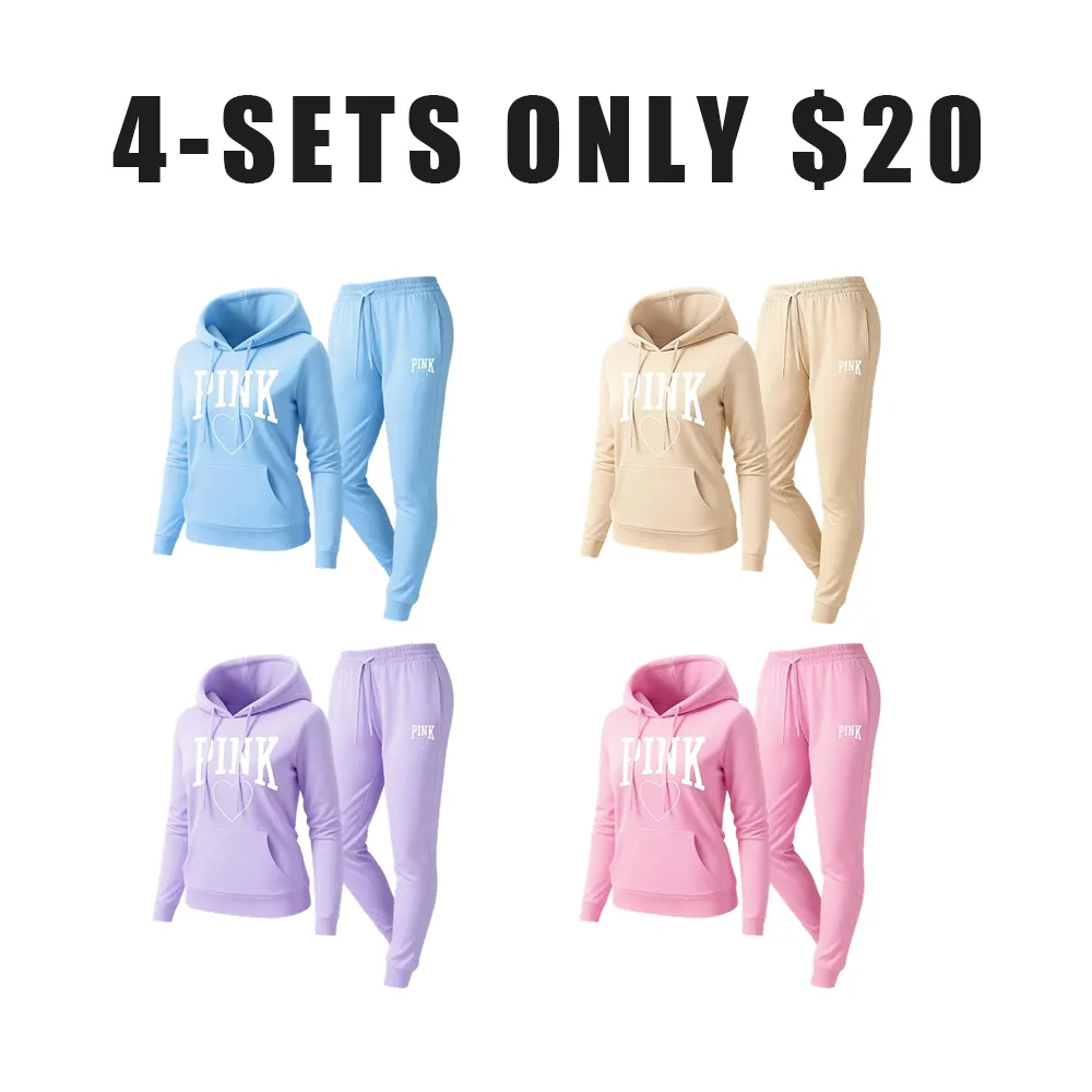 Women's Pink Heart Print Hair And Sunglasses Hoodie And Drawstring Track Pants Set