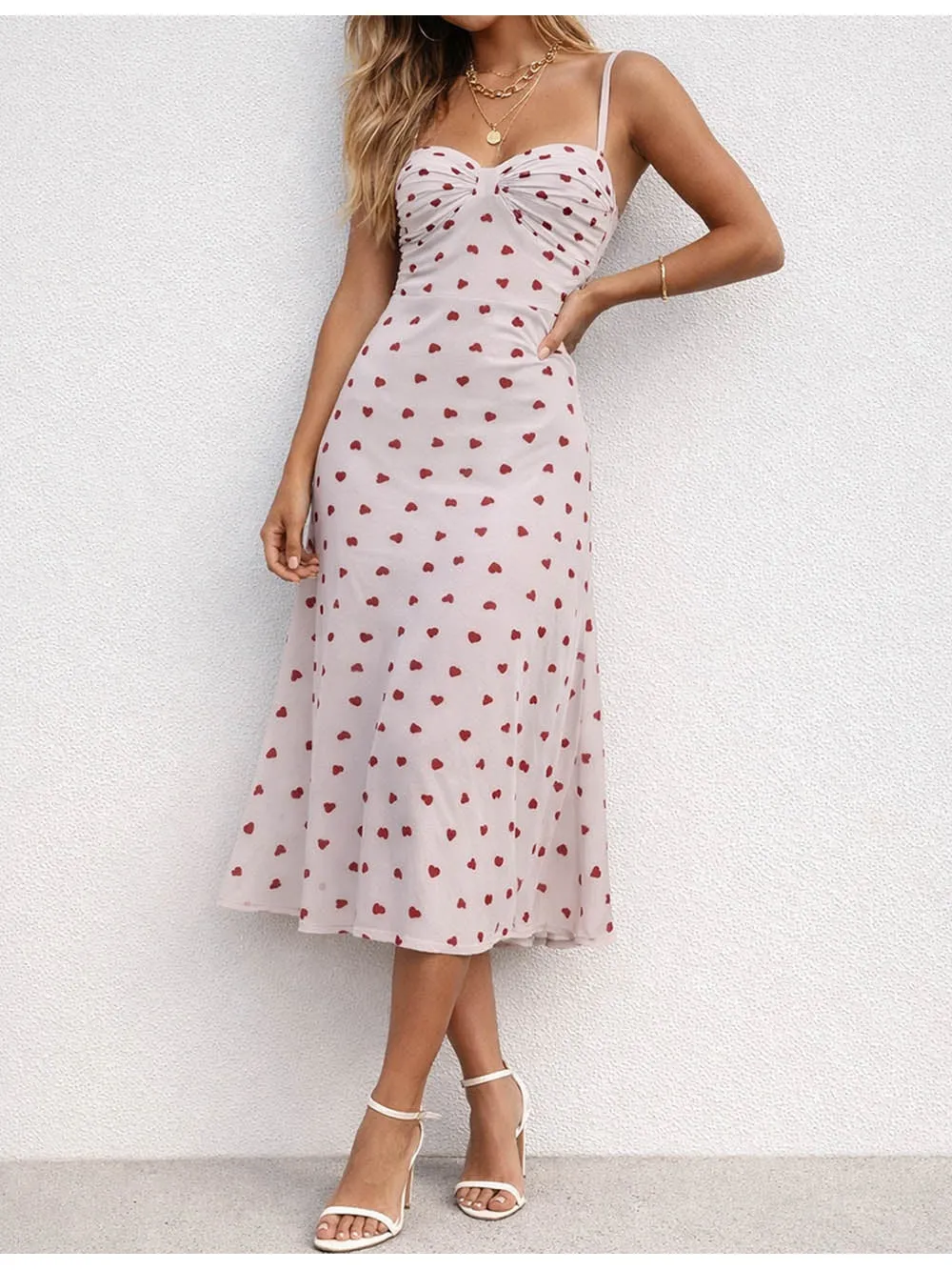 Valentine Heart Lace Trim Neck Cami Midi Dress
