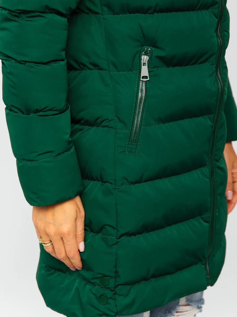 Green Women's Long Quilted Winter Jacket With Hood