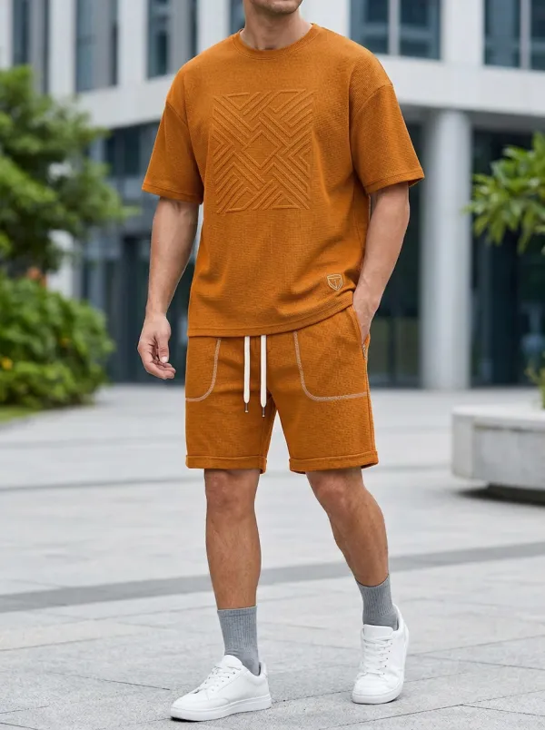 Classic Waffle Texture Geometric Pattern Utility Look Men's T-Shirt And Shorts Set