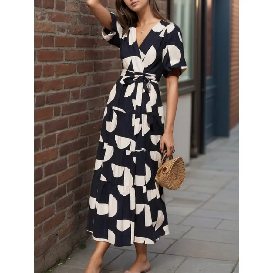 Tied Slit Printed Half Sleeve Midi Dress