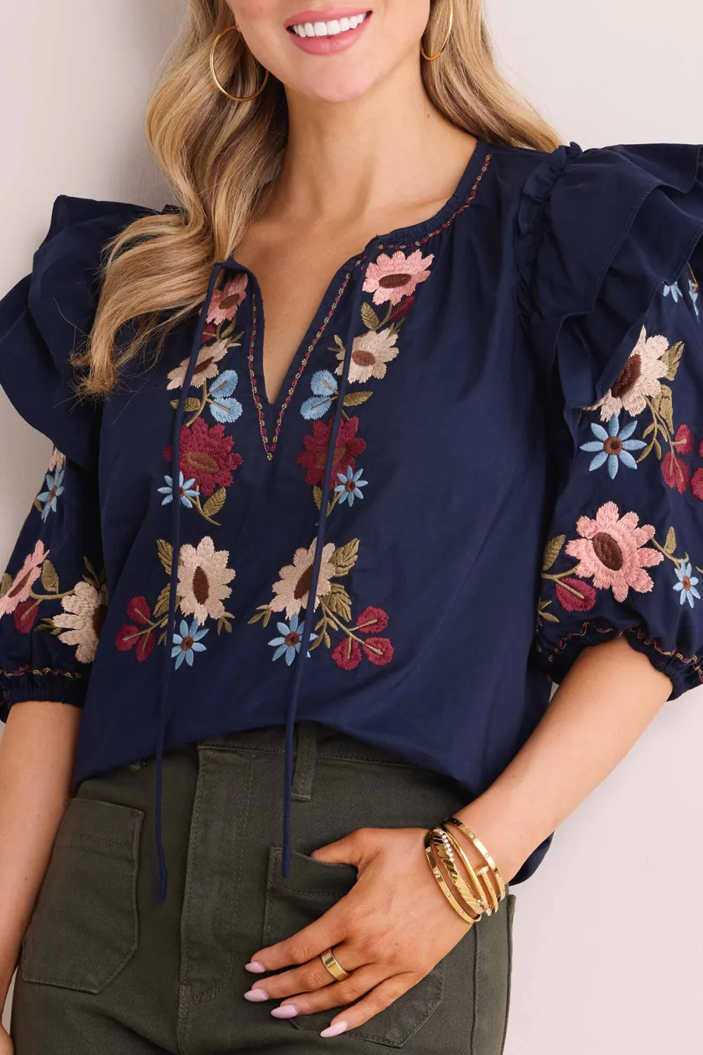 Navy Floral Embroidered Ruffled Sleeve Tie-Front Top