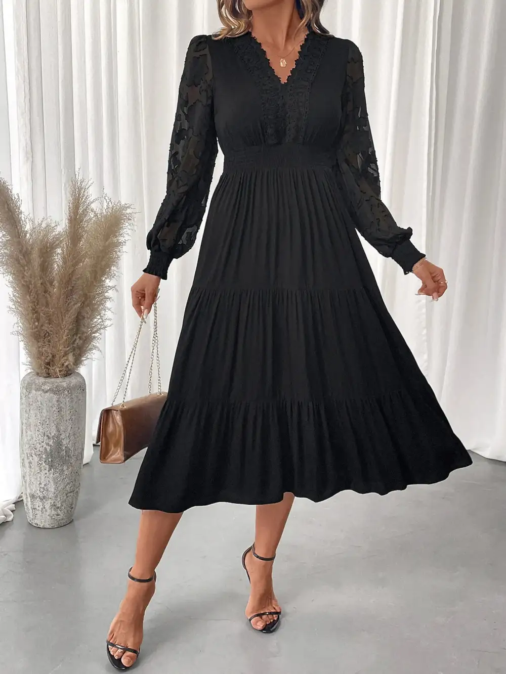 Lace Tiered Lantern Sleeve Dress Casual