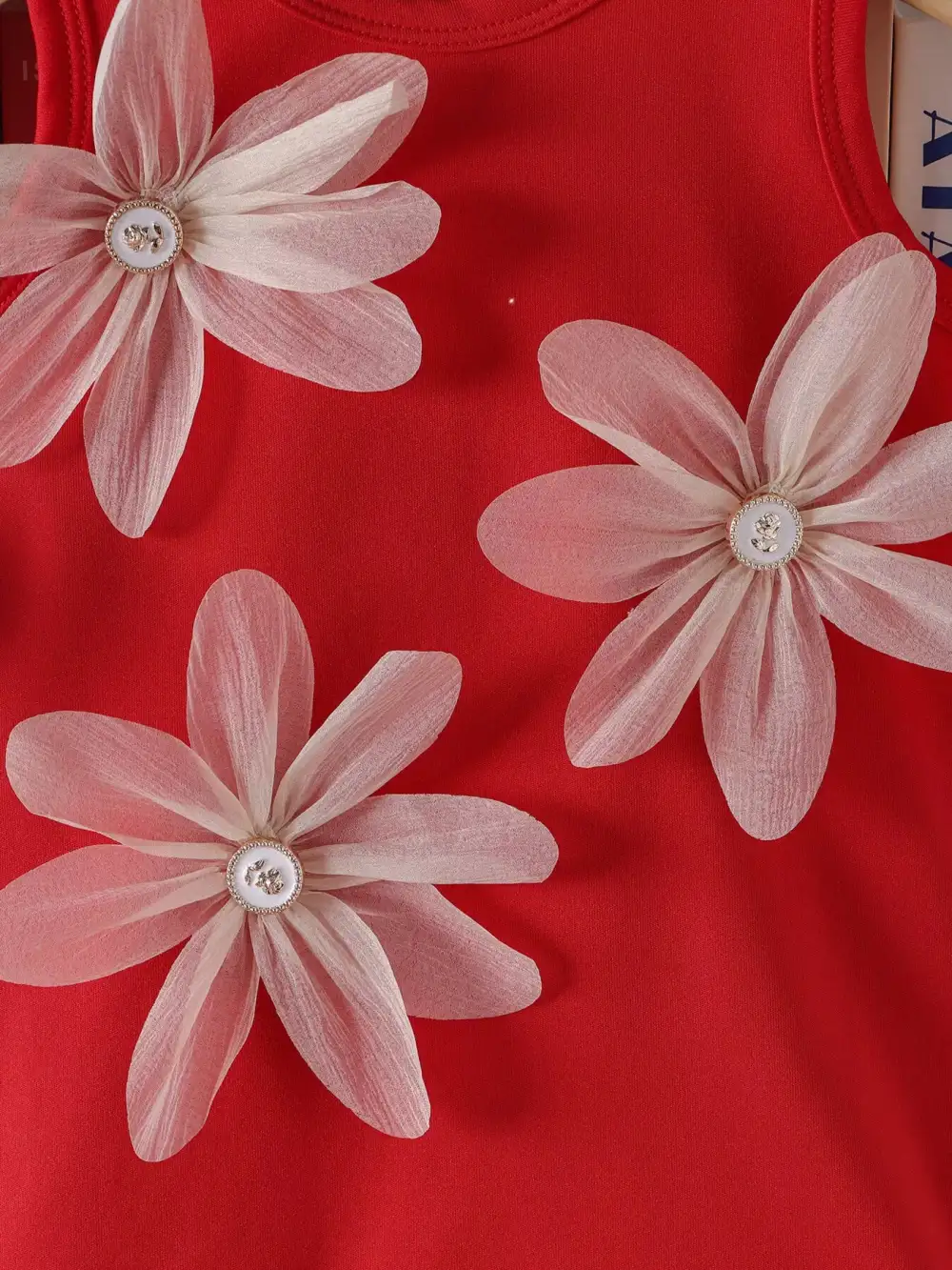Girls Flower Sleeveless Round Neck Dress