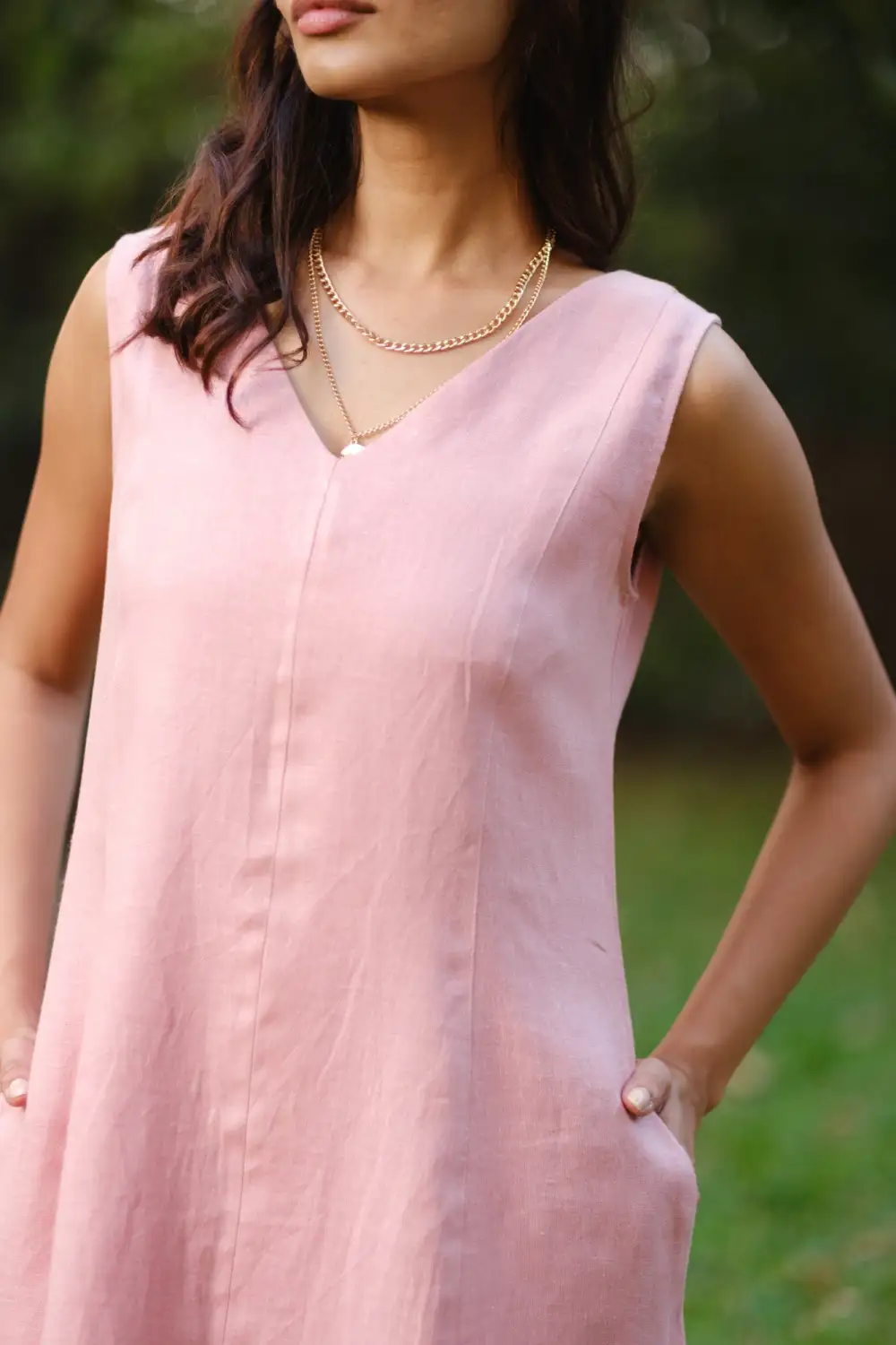 Dusty Pink Linen V-Neck Midi Dress