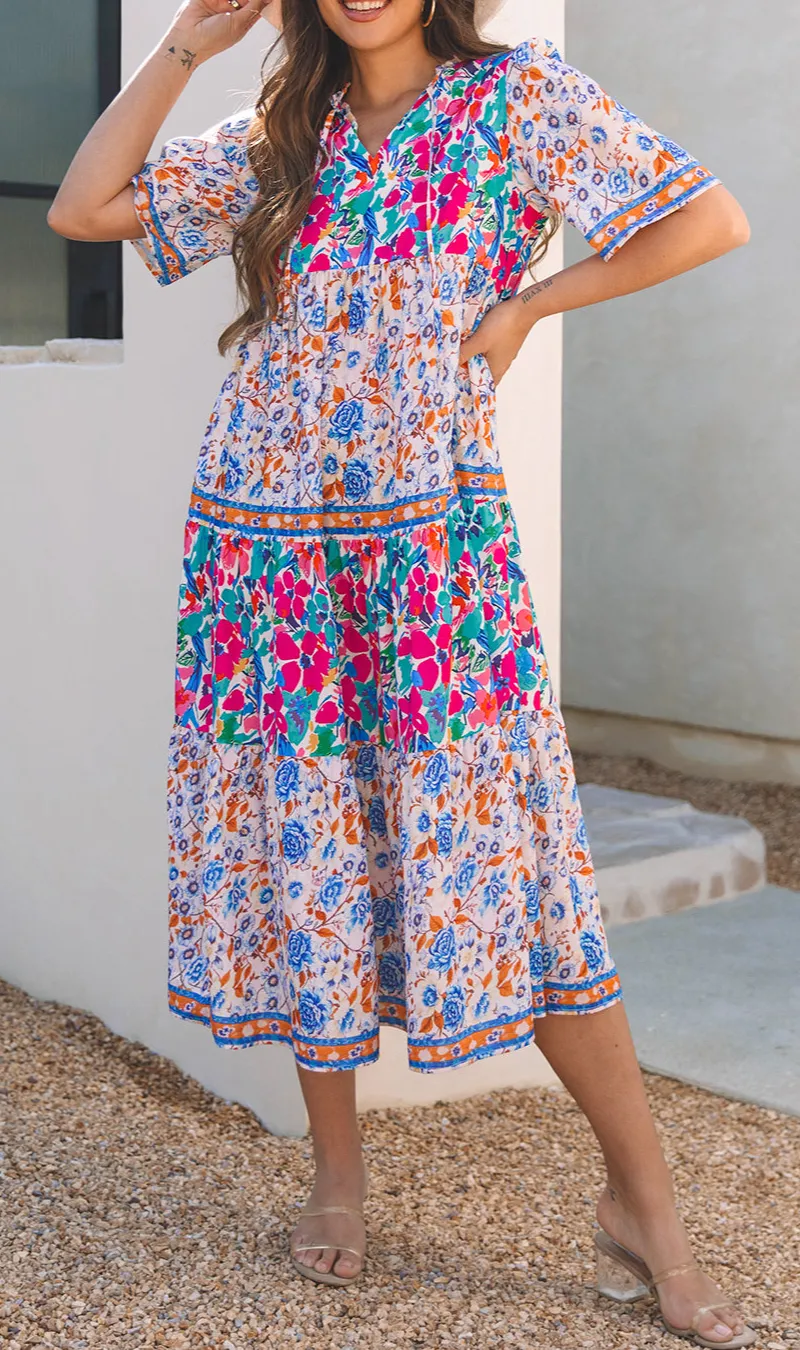 Sky Mixed Print Tie Split Neck Short Sleeve Dress