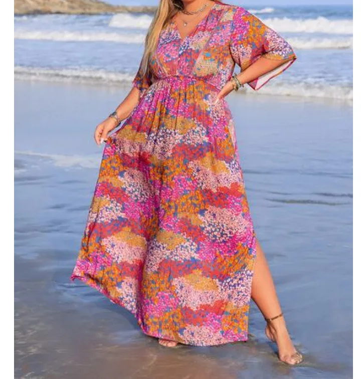 Plus Size Printed V Neck Half Sleeve Maxi Dress