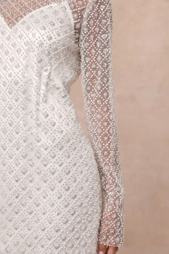 Glowing Charisma White Sequin Pearl Mesh Long Sleeve Mini Dress
