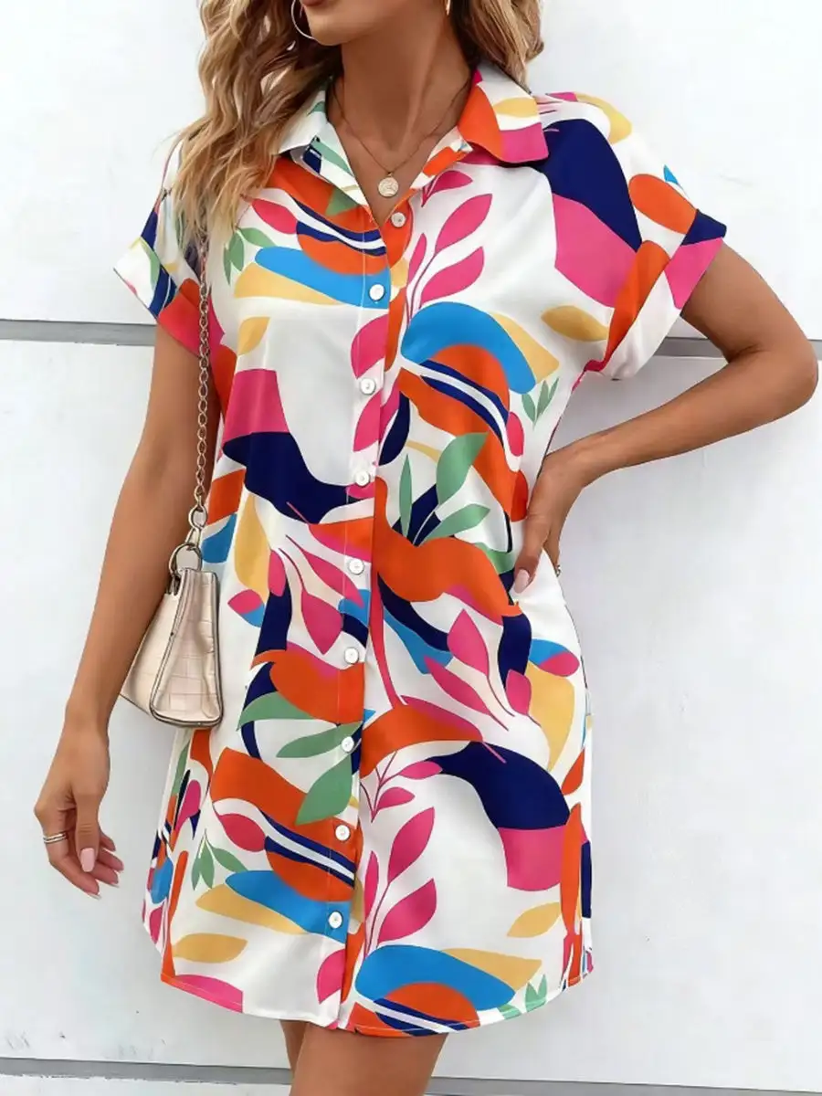 Short Sleeve Buttoned Contrast Color Printed Lapel Mini Dress Shirt Dress