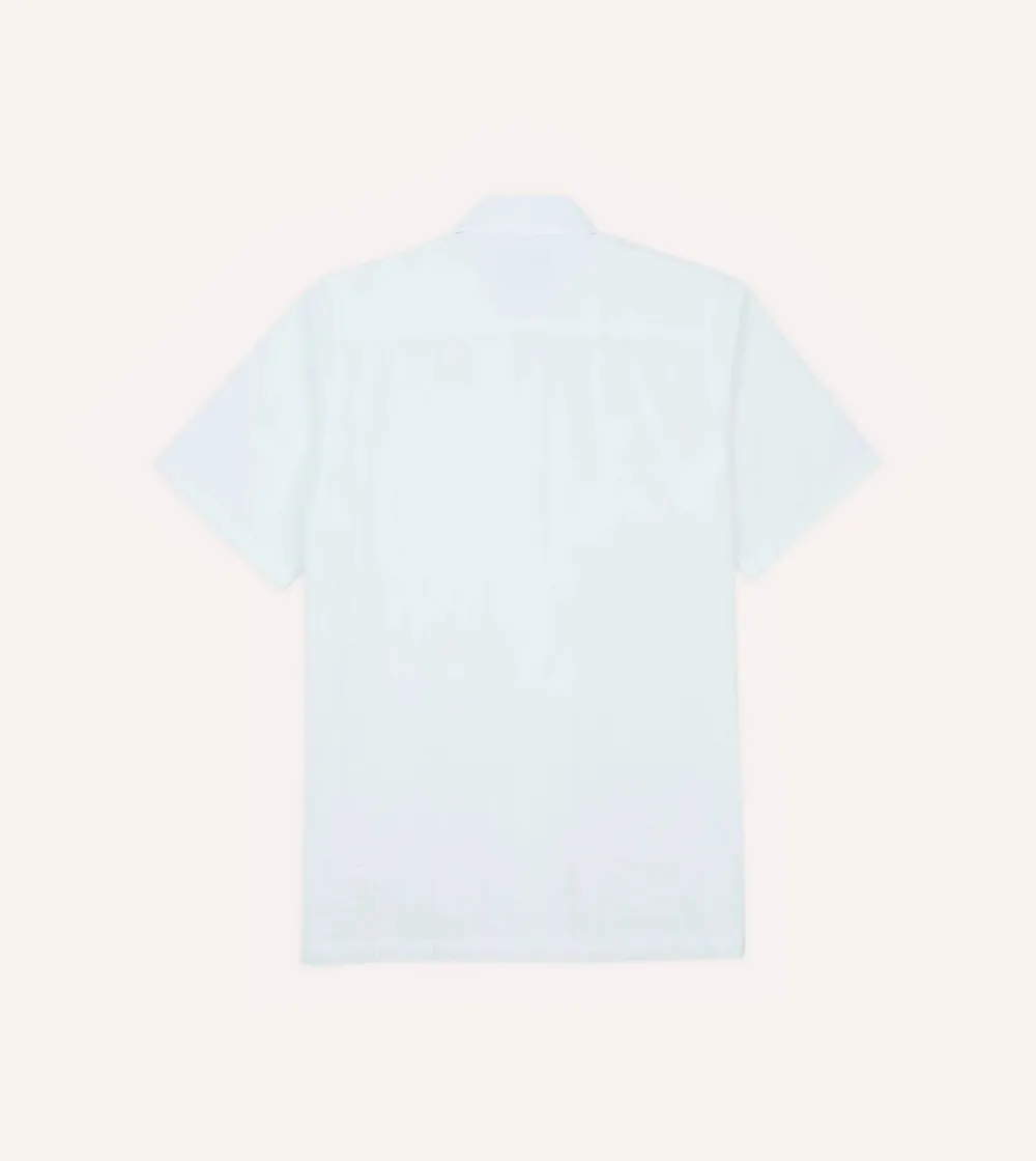 White Cotton-Linen Seersucker Camp Collar Short Sleeve Shirt Casual Style