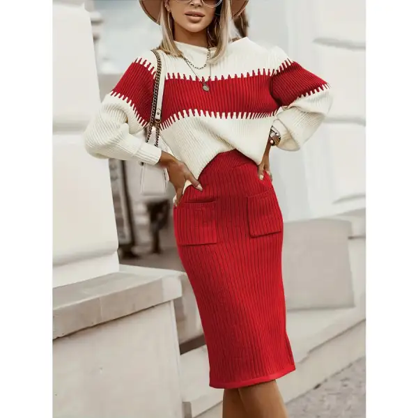 Two Tone Ribbed Knit Top and Skirt Sweater Set