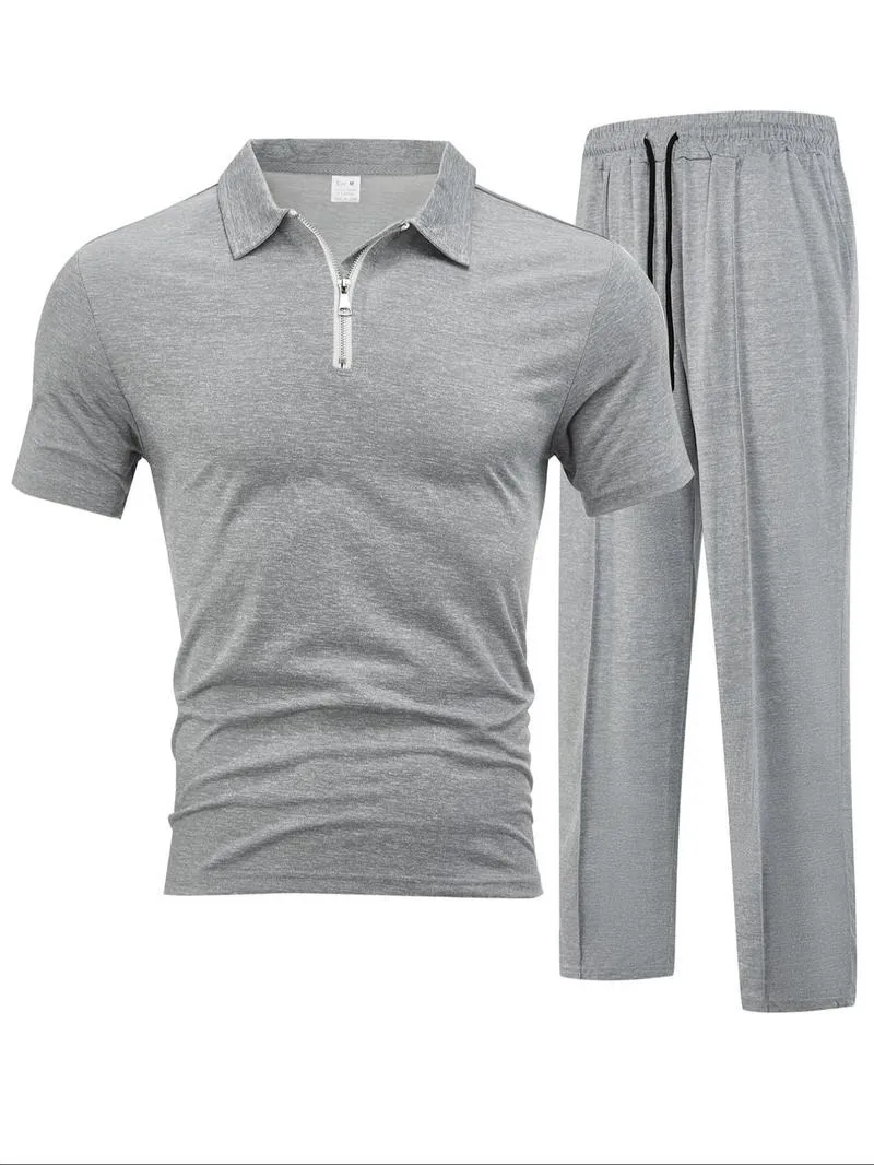 Men's Plain Half Zip Up Shortsleeve Polo Shirt & Drawstring Waist Pants Two-piece Set