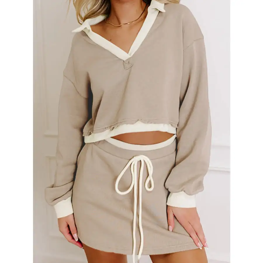 Contrast Collared Neck Top and Drawstring Mini Skirt Set