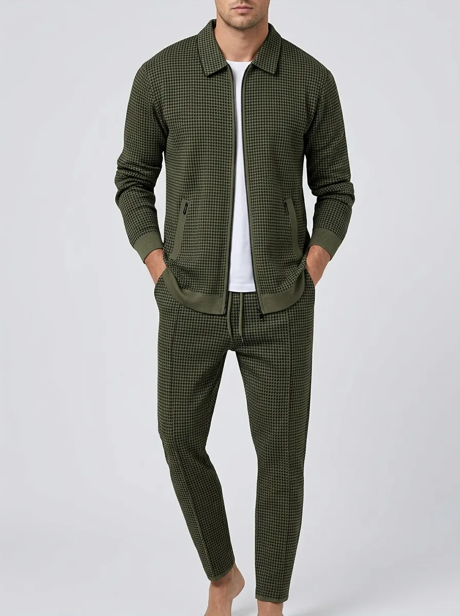 Men's Heritage Inspired Houndstooth Polo Collar Jacket and Jogger Pants Set