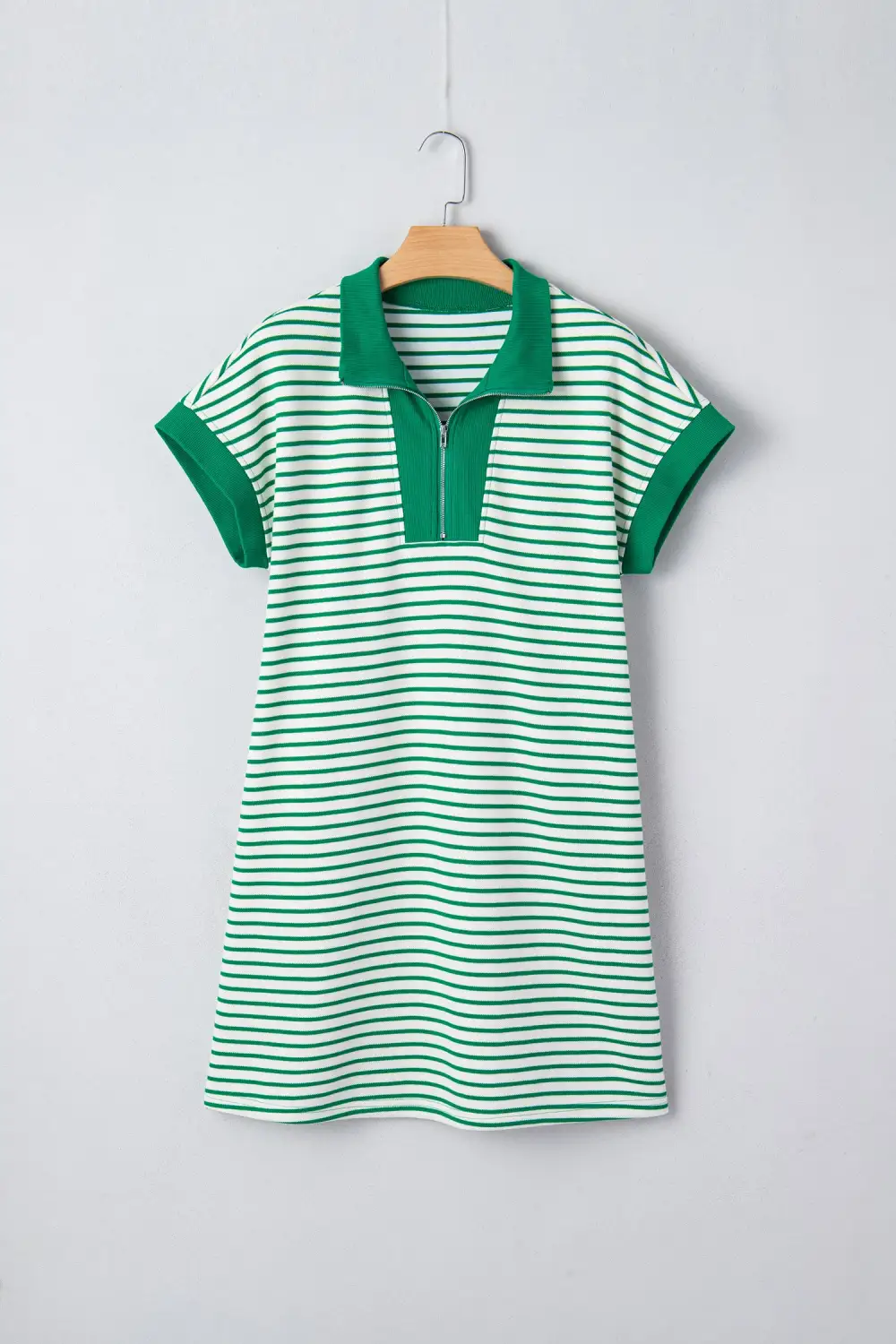 Textured Detail Striped Zip Front Pocketed Shirt Dress