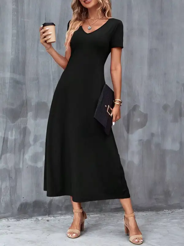 V Neck Short Sleeve Dress Casual