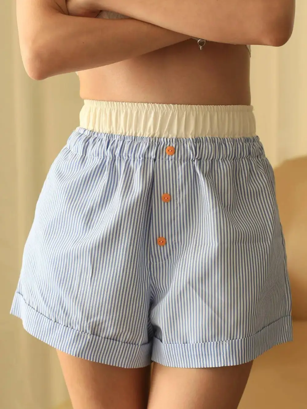 Textured Striped Elastic Waist Shorts