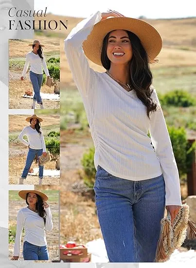Womens Tops Casual V Neck Long Sleeve Shirts for Women Fashion Solid Ruched Basic Tunics Blouses