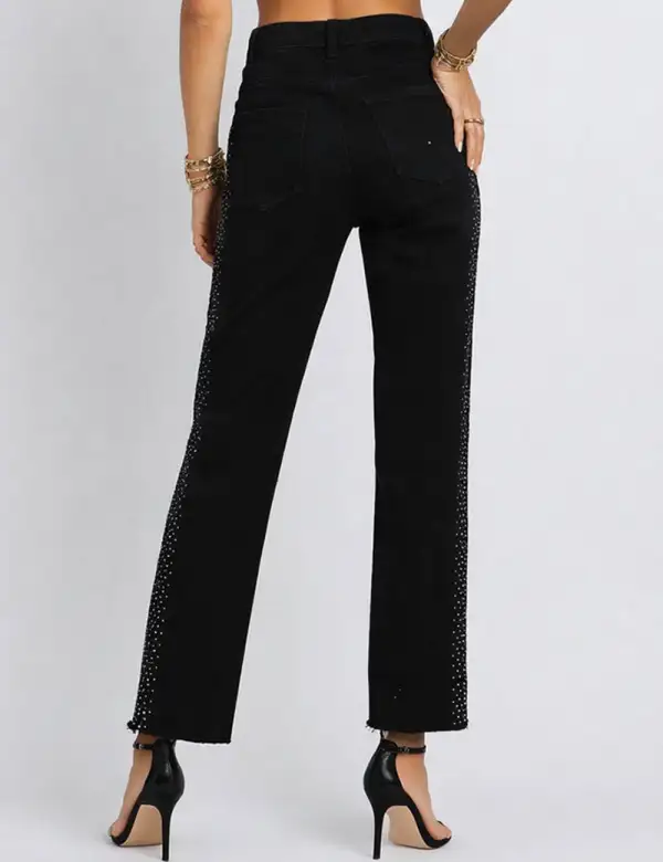 Side Rhinestone Button Waist Skinny Denim Pants