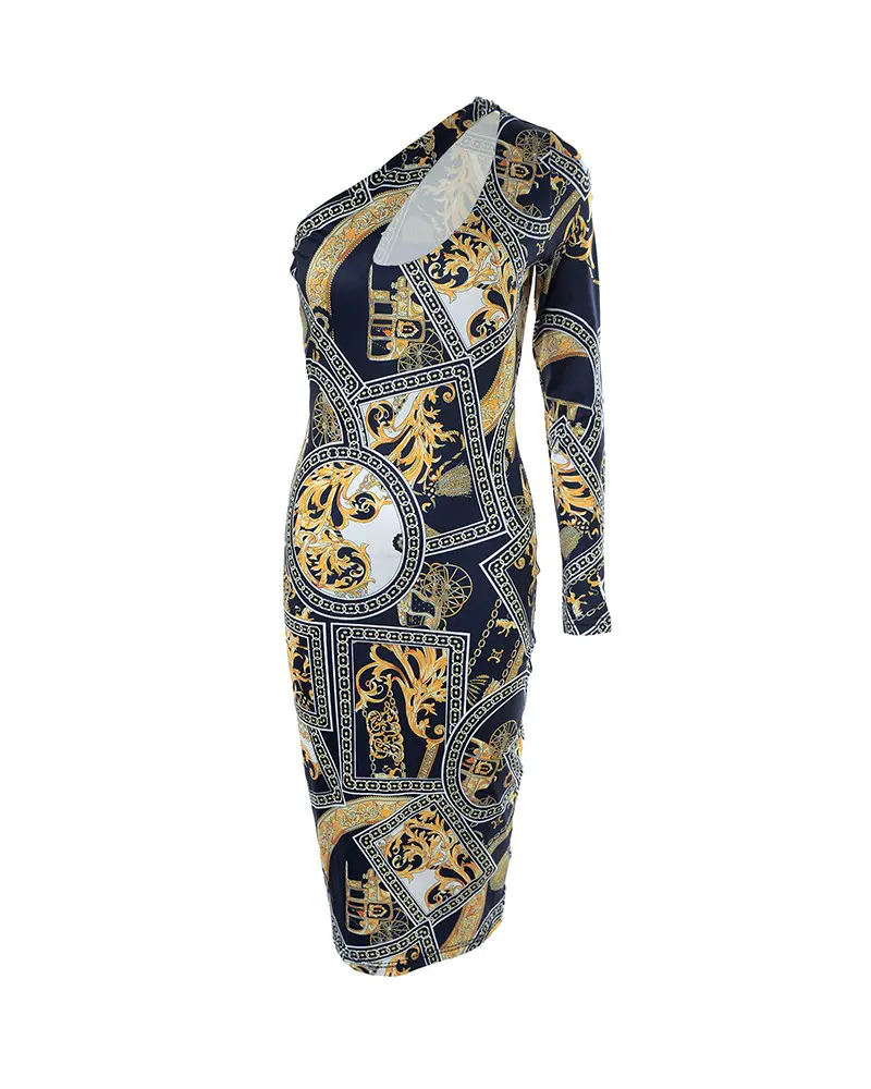 Print One Shoulder Cutout Bodycon Dress