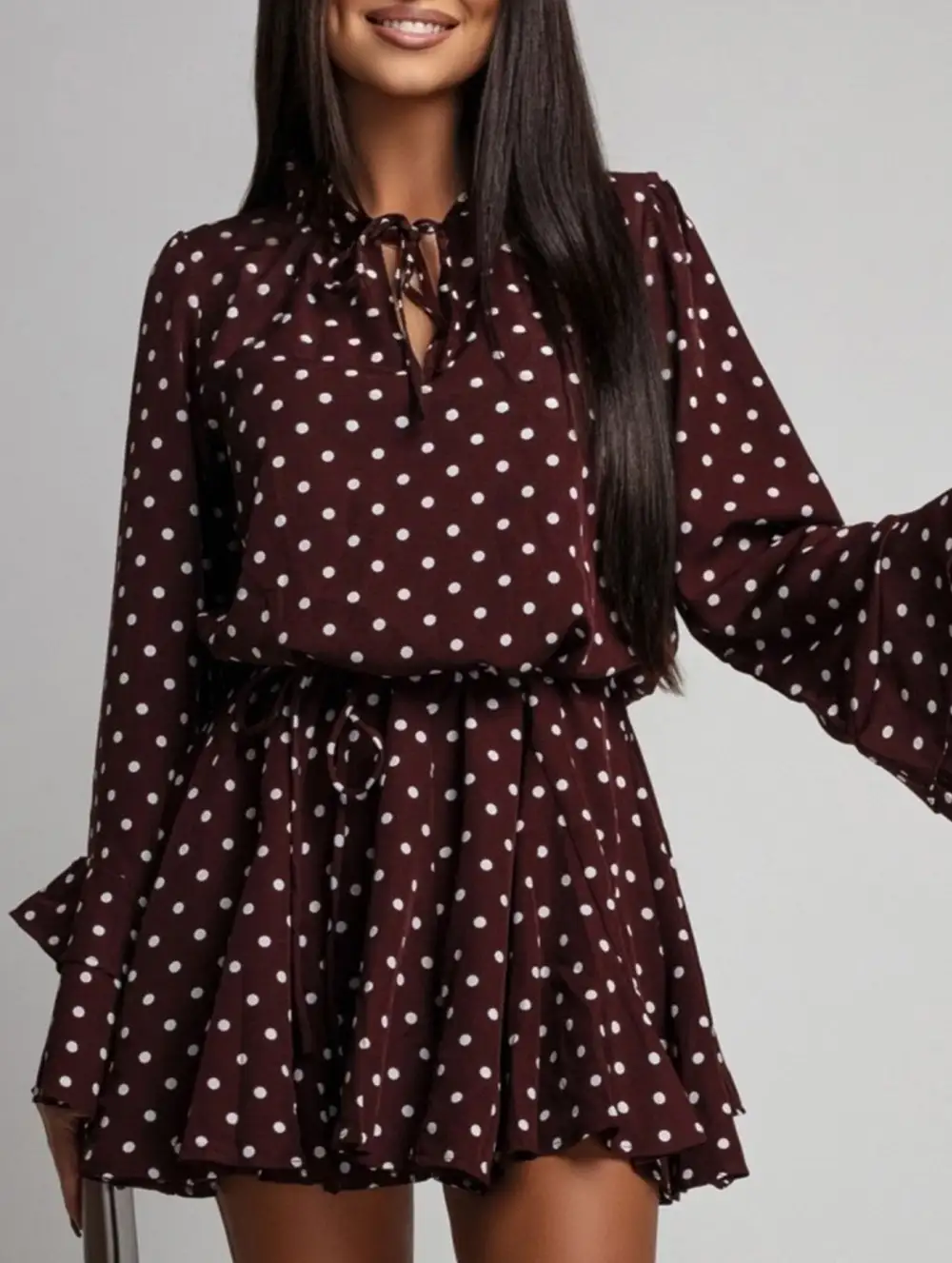 Polka Dot V-Neck Long Sleeve Midi Dress