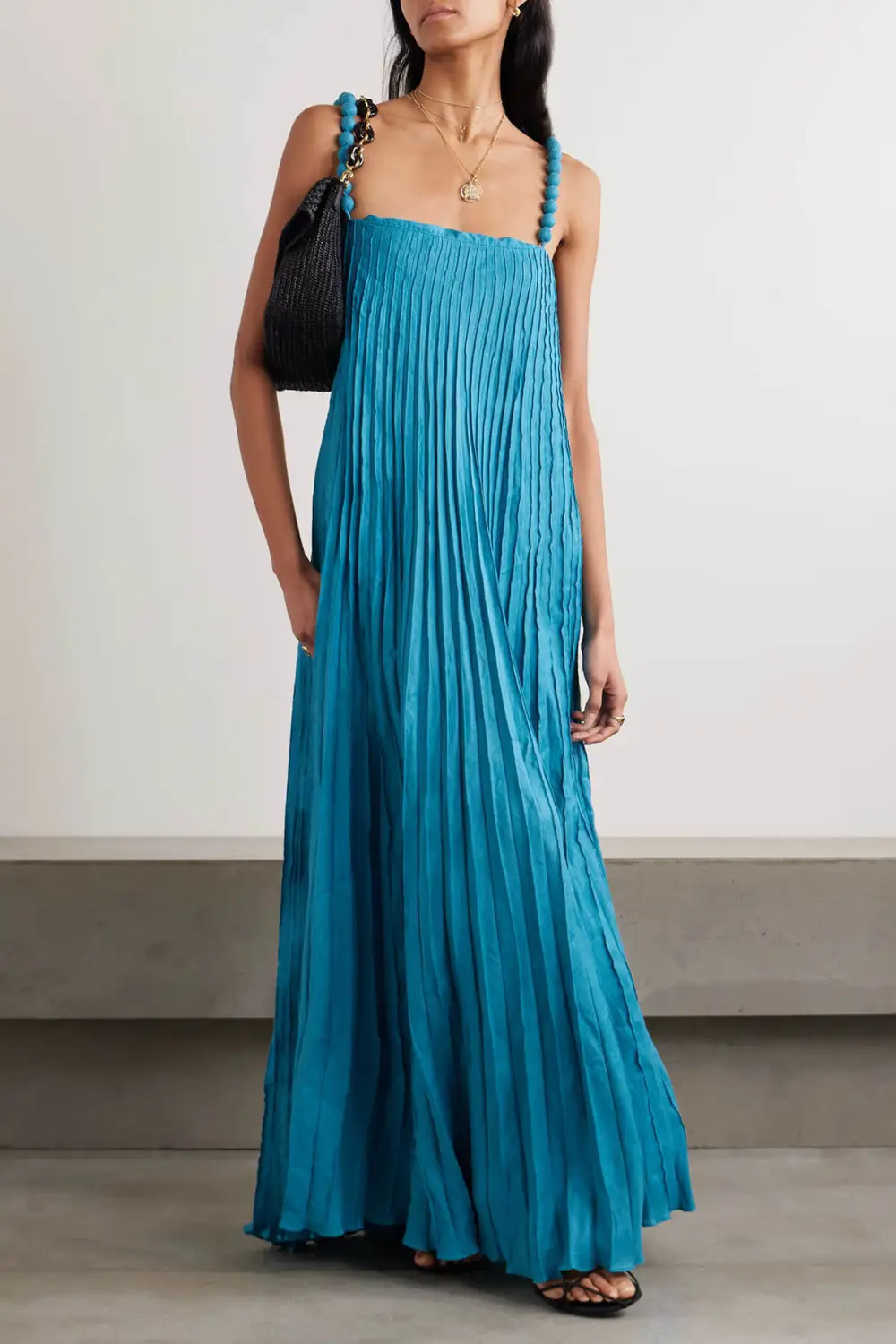 Beaded Pleated Linen Maxi Dress