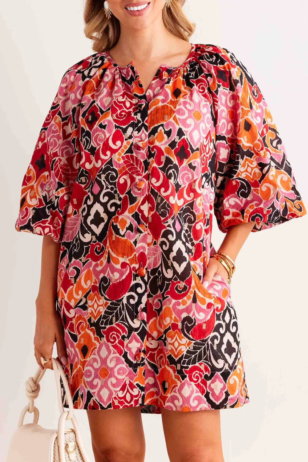 Multicolored Abstract Print Short Sleeve Dress