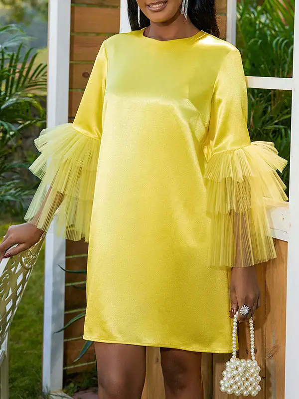 Half Sleeve Relaxed Shiny Solid Color Split Joint Tulle Round Neck