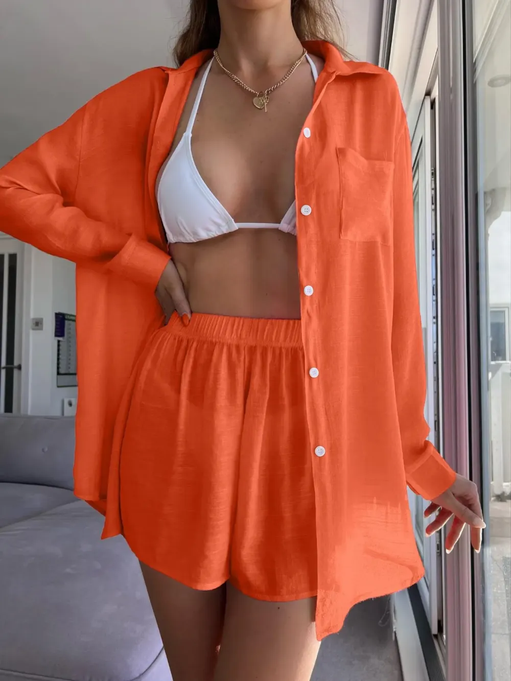 Women's Solid Button-Front Pocket Sheer Cover-Up Shirt & Shorts Set, Casual Drop-Shoulder Long-Sleeve Top & Shorts for Beach Vacation, Ladies Summer Swimwear Clothes