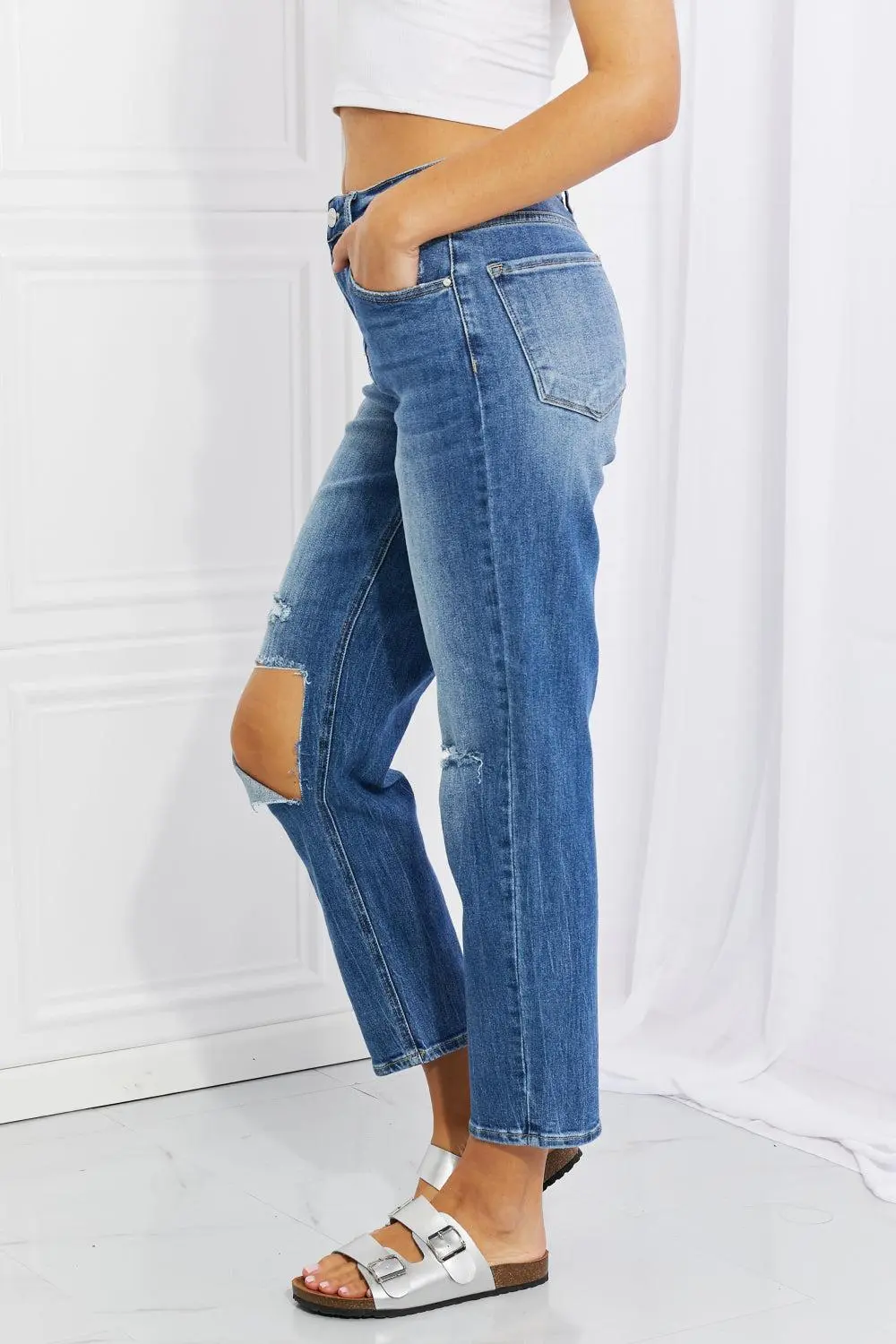 Pleated Straight Leg Denim Jeans