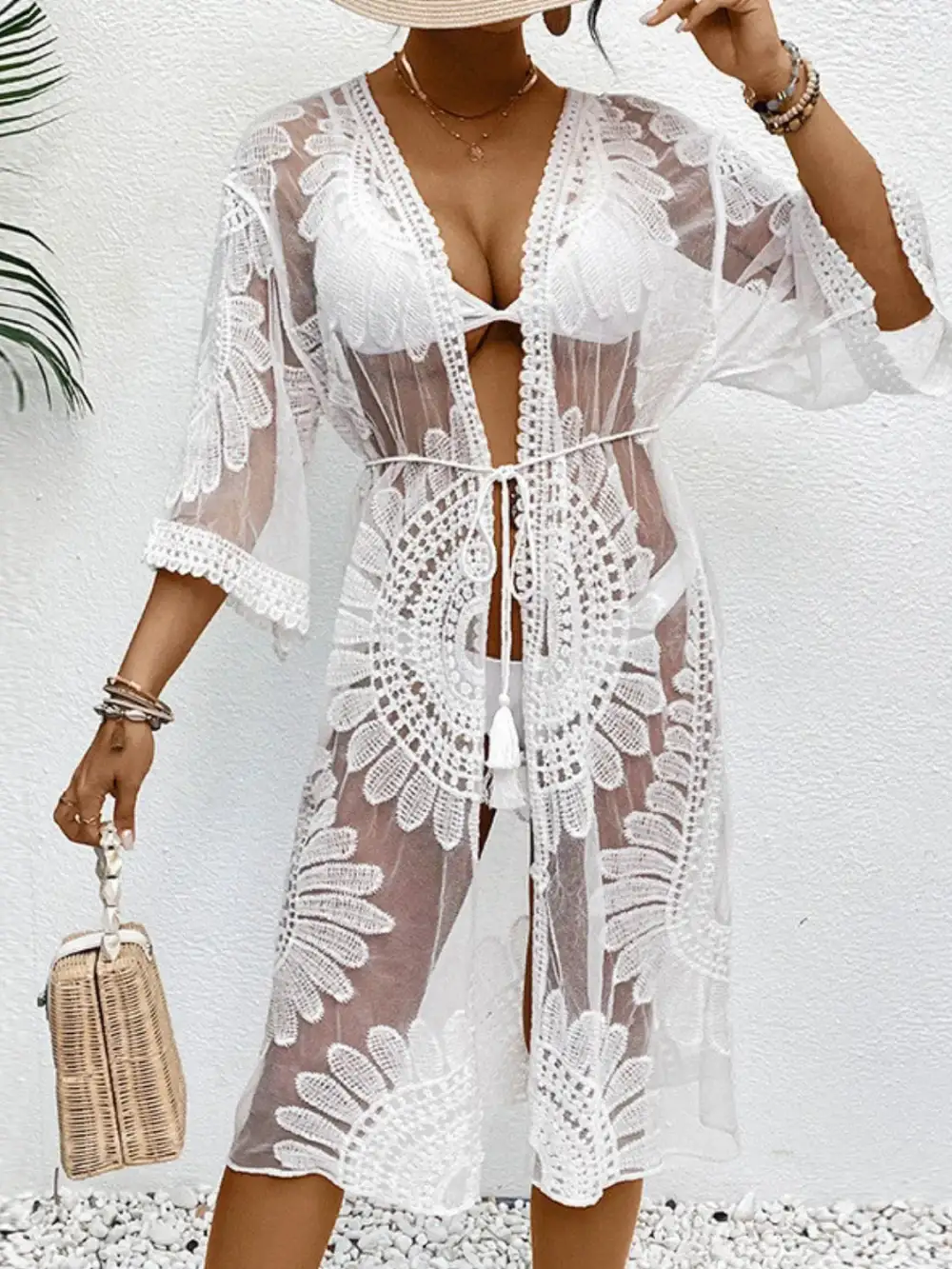 Lace Open Front Longline Swim Cover Up