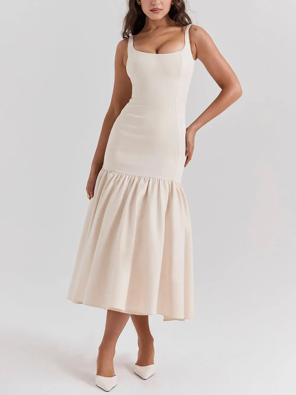 Graceful Square Neck Wide Strap Drop Midi Dress