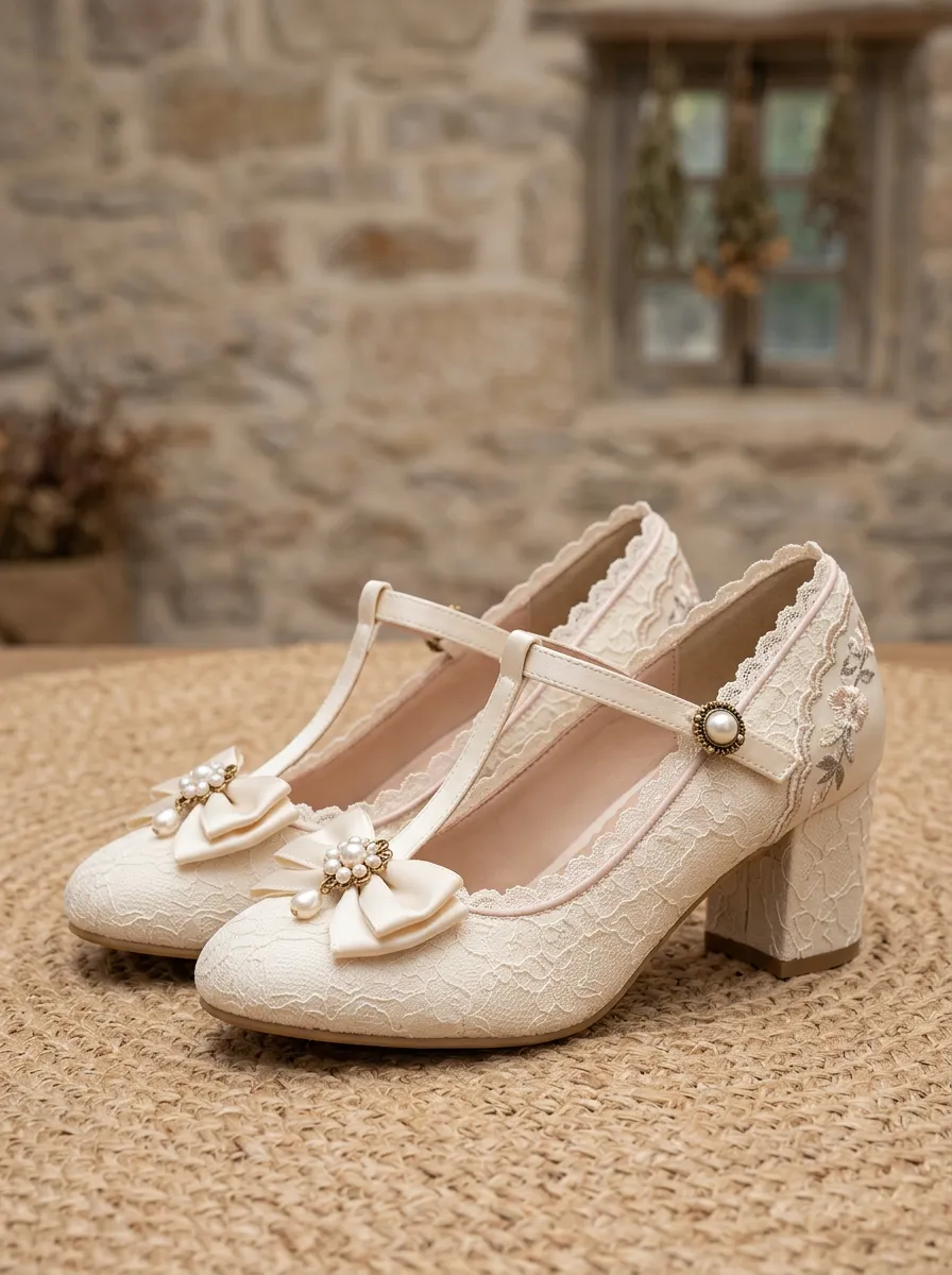 T-Strap Lace Pearl Bow Women's Bavarian Occasion Heels