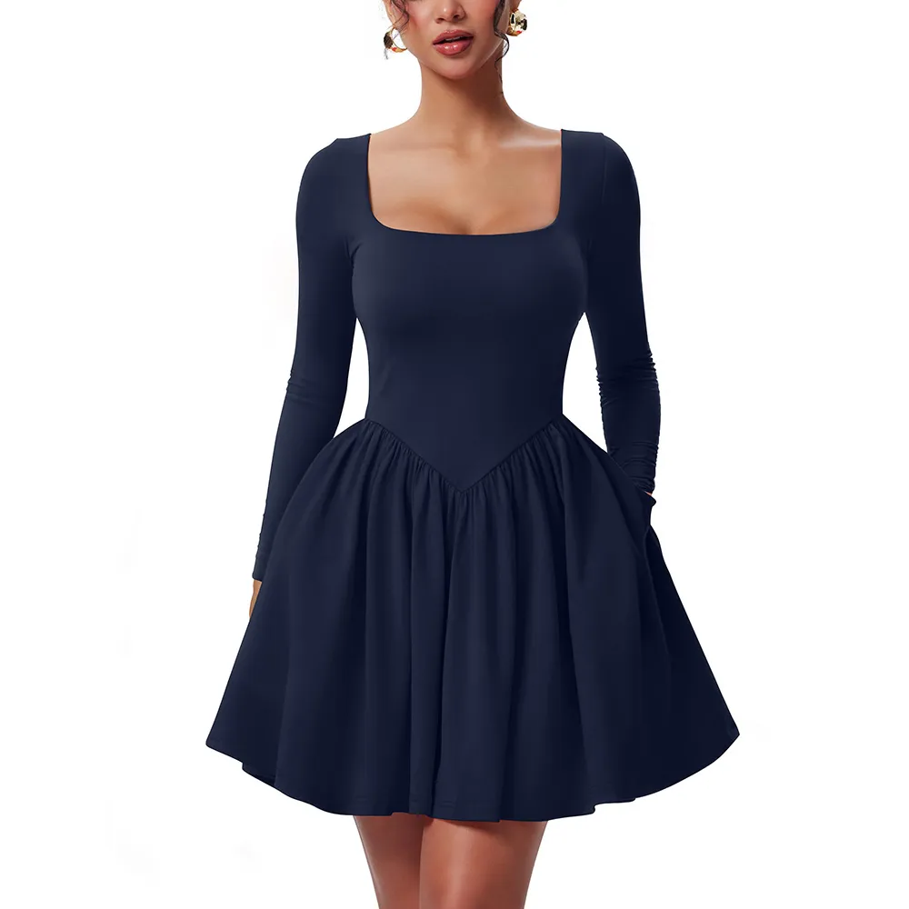 Women'S Square Neck A Line Dress With Pockets