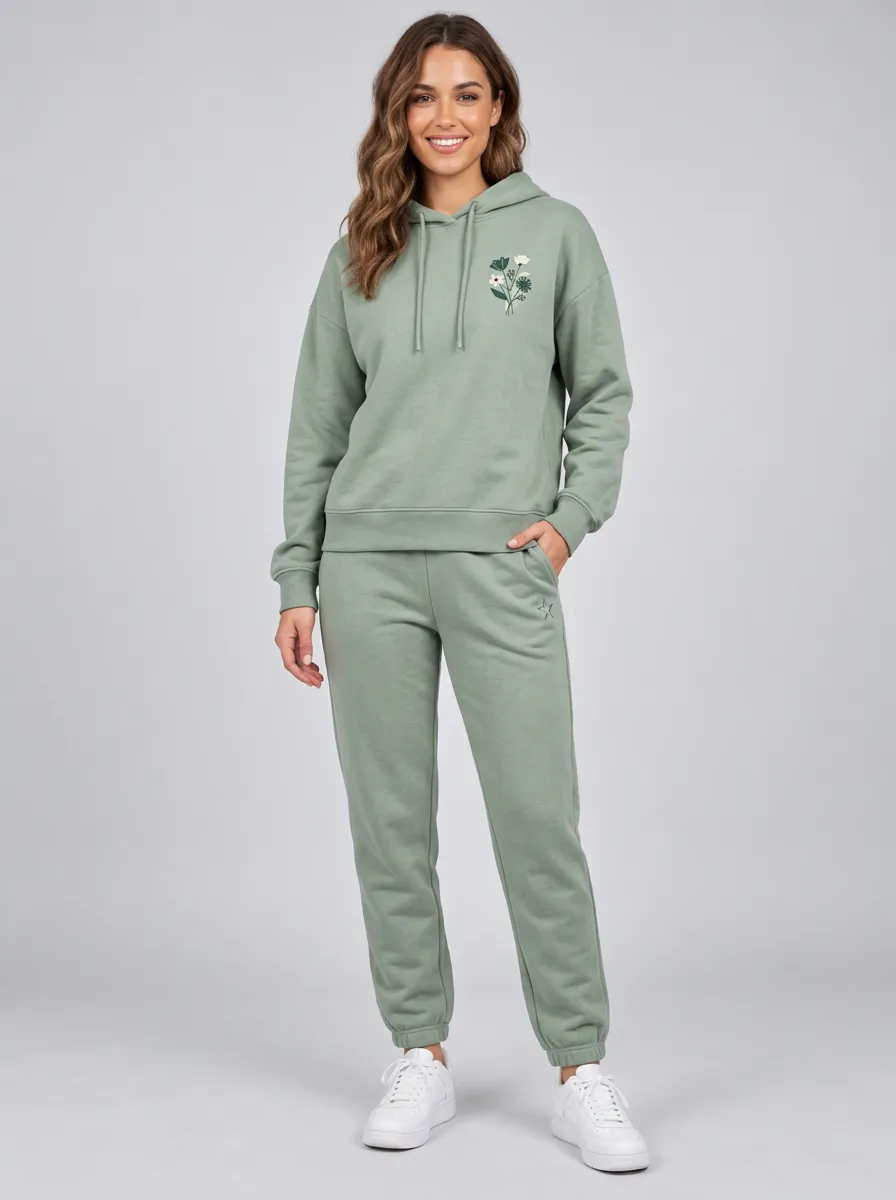 Women's Sage Green Drawstring Hood Relaxed Fit Solid Hoodie & Pants Set