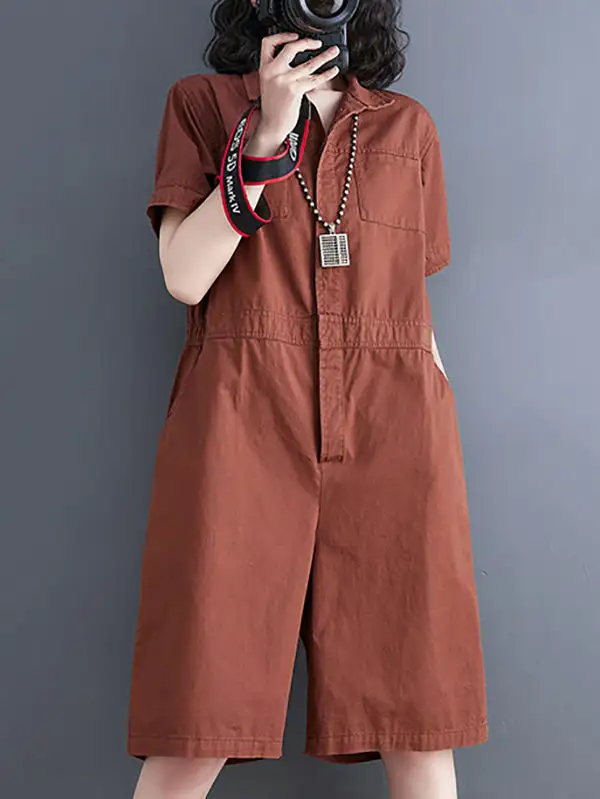 Eenvoudige Jumpsuits Met Effen Kleur En Revers Korte
