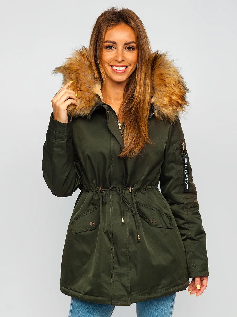 Khaki women's winter parka jacket with hood
