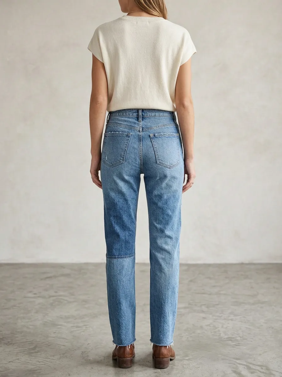 Women's Casual Fashion Blue Patchwork Distressed Denim Jeans