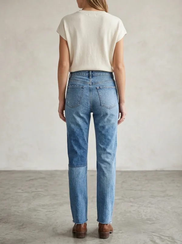 Women's Casual Fashion Blue Patchwork Distressed Denim Jeans
