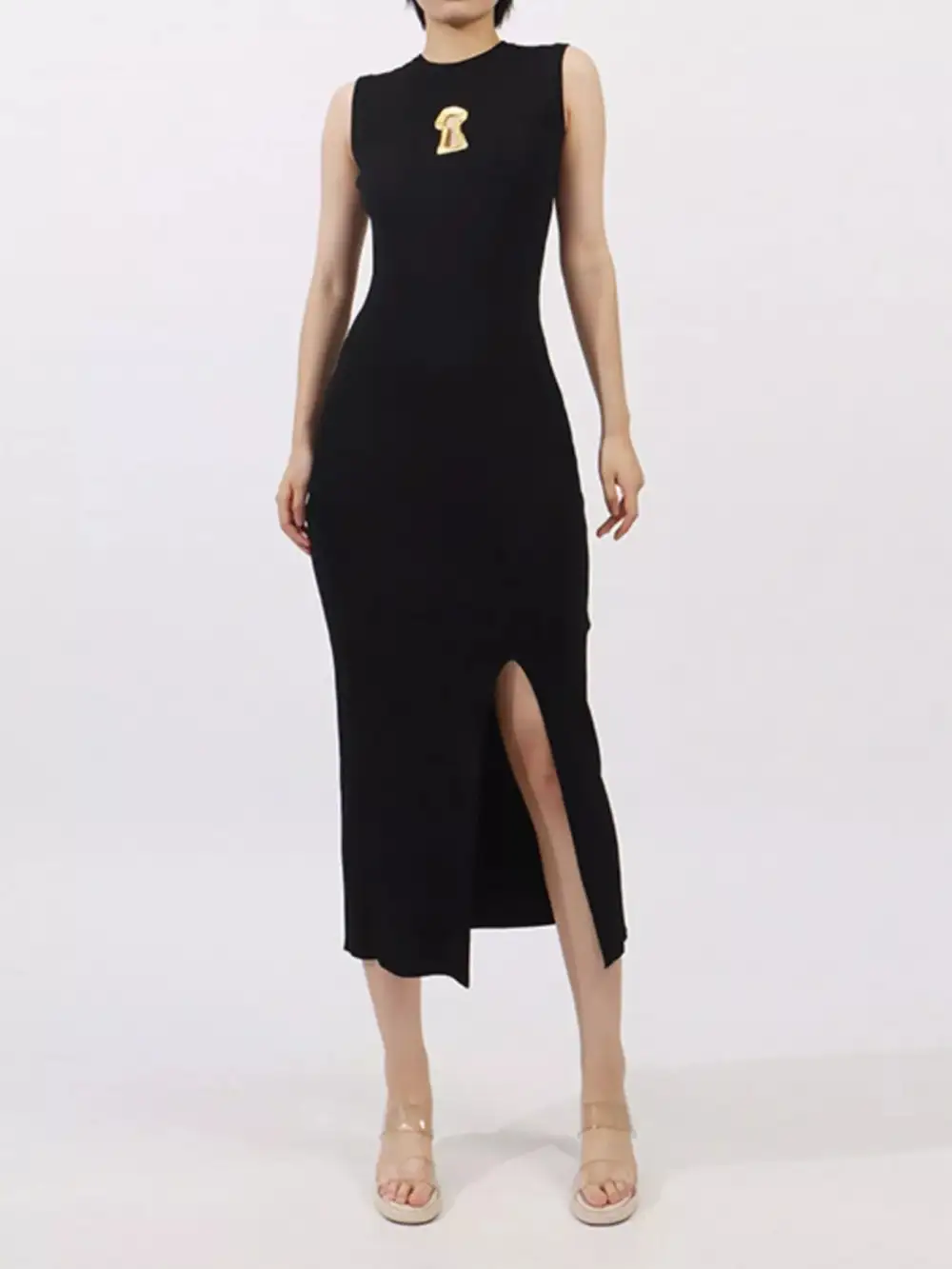 Smooth Finish Round Neck Slit Sleeveless Dress