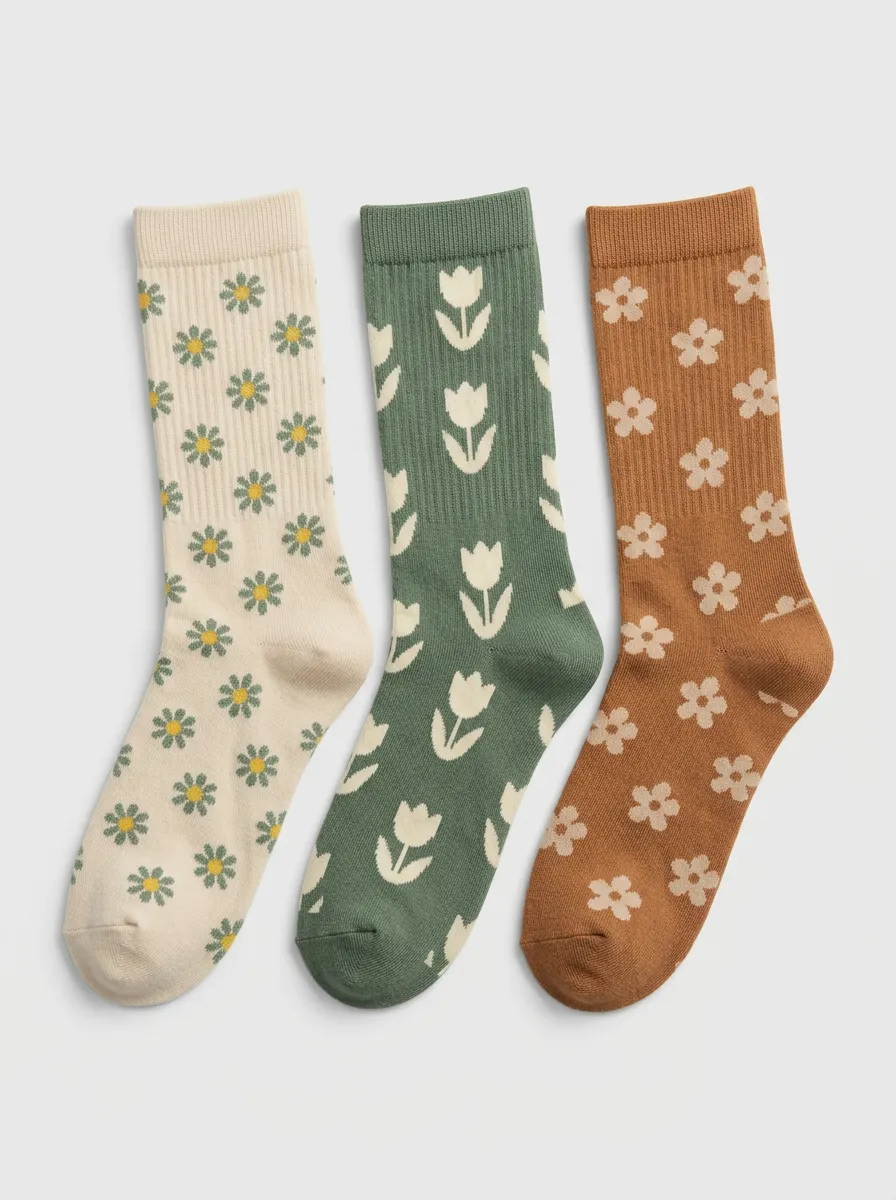 Nature Inspired Daisy Tulip Floral Three Pair Sock Set
