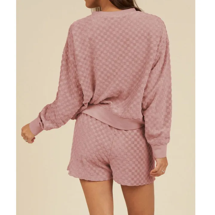 Round Neck Long Sleeve Checkered Top and Shorts Set
