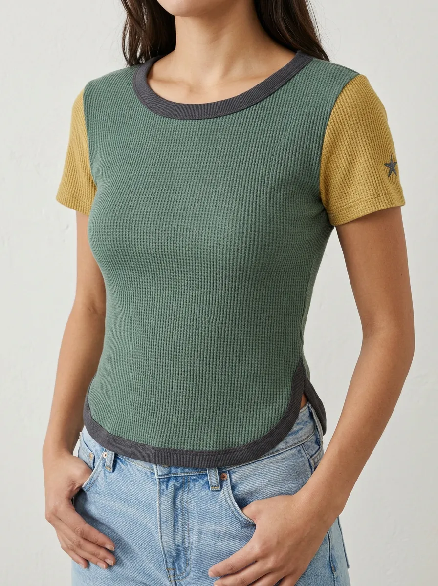 Women's Colorblock Star Printed Waffle Knit Top