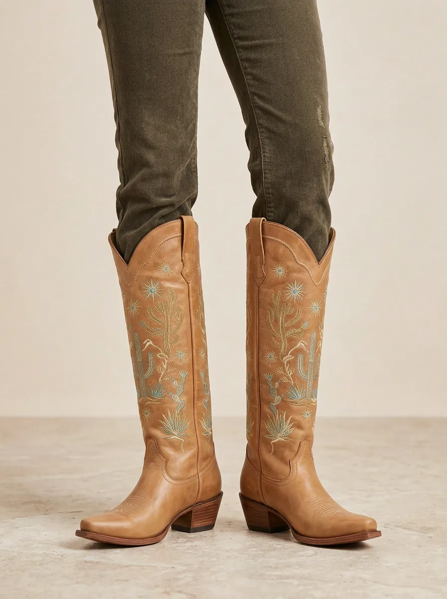 Women's Cactus Star Embroidered Pointed-Toe Block-Heel Stacked-Heel Western Denim Over-the-Knee Boots
